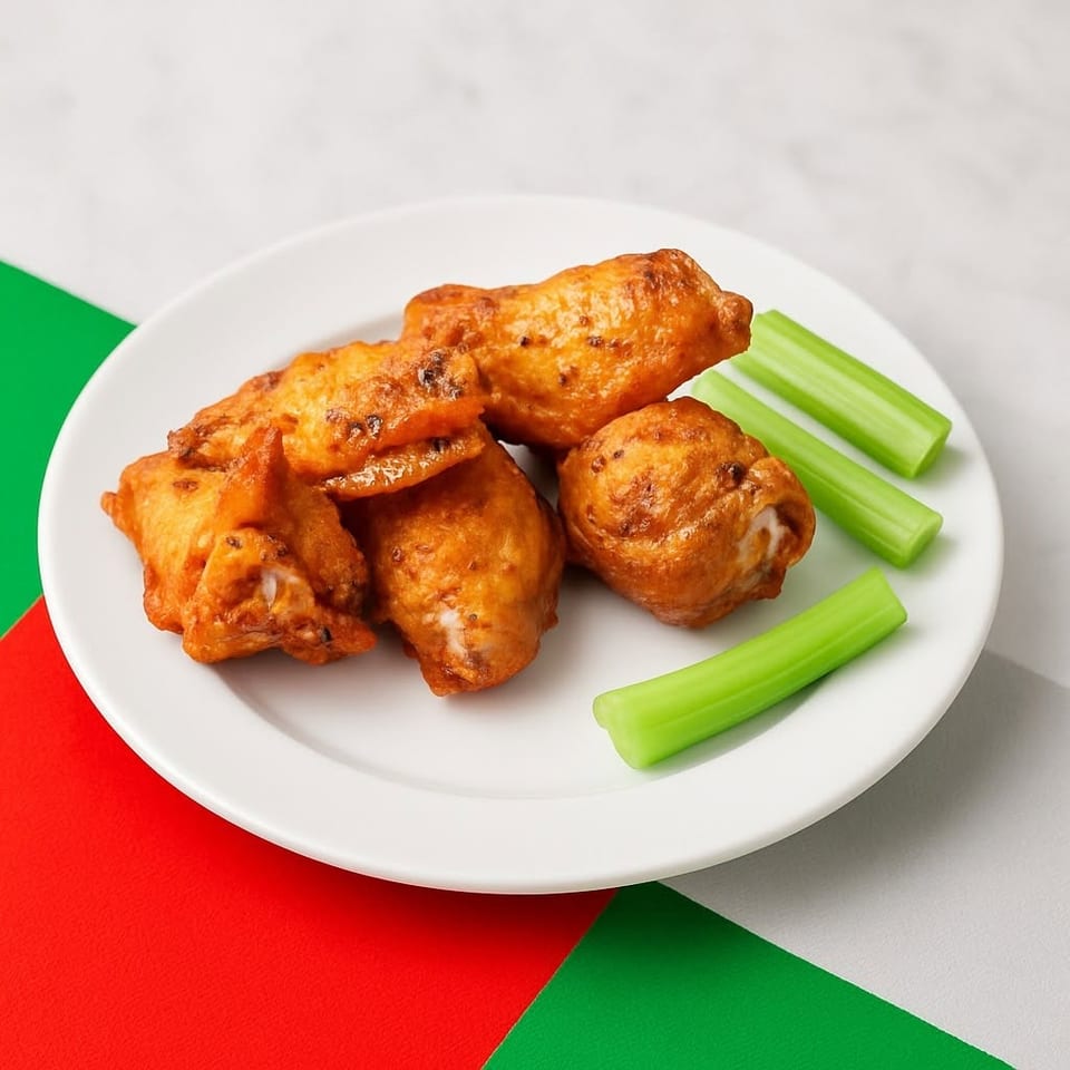 Plate of golden-brown chicken wings and fresh celery sticks.