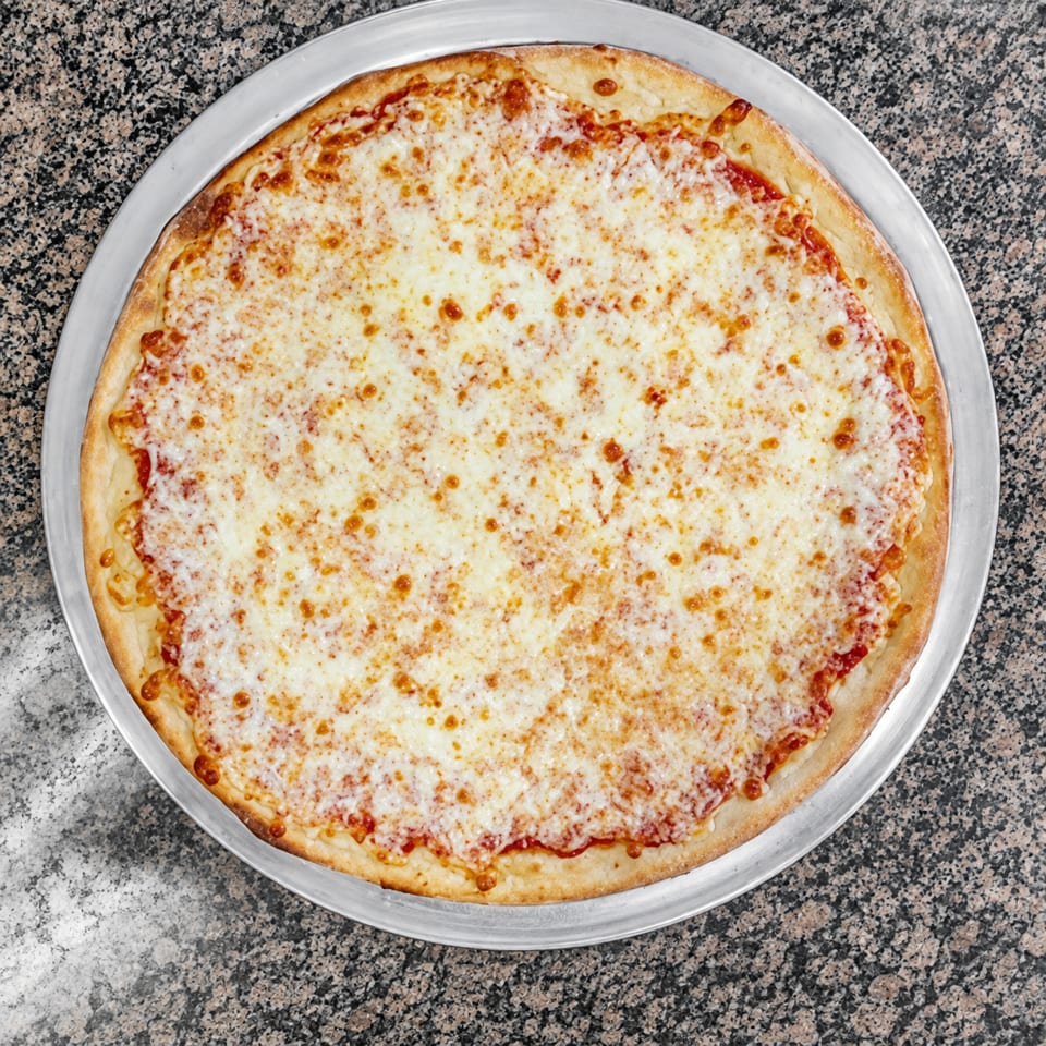 Classic cheese pizza with melted mozzarella and tomato sauce on a metal tray.