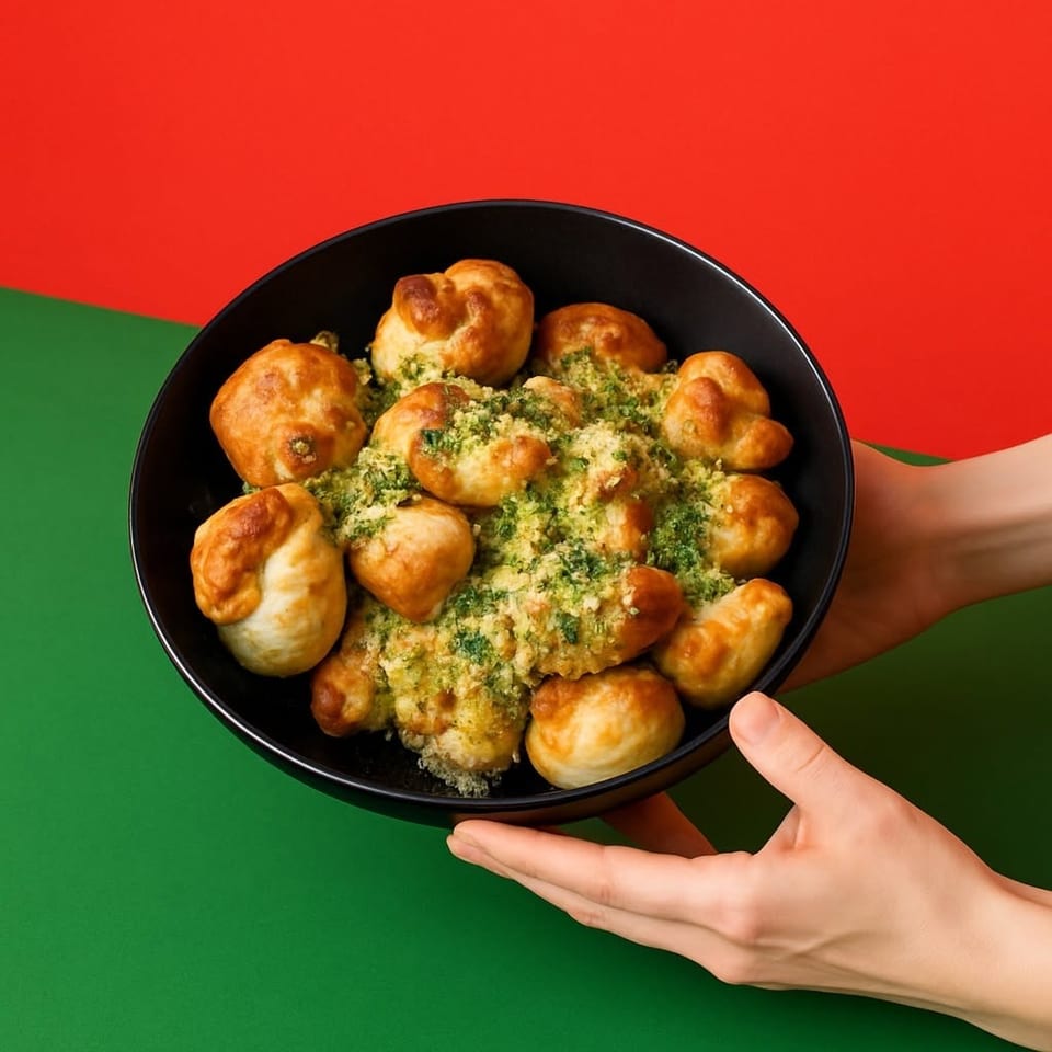 Hands hold a black bowl of golden garlic knots topped with green herbs and cheese on a red and green background.