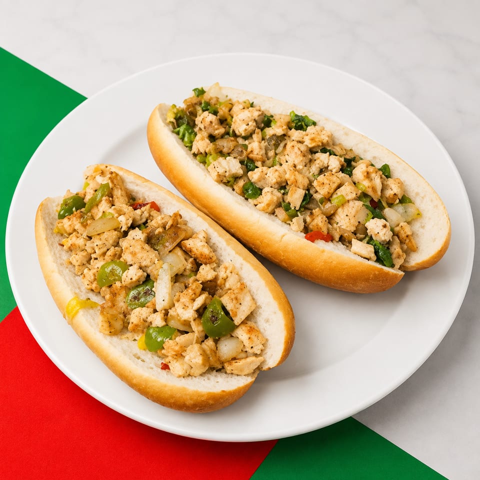 Two chicken, onion, and bell pepper sandwiches on a white plate.